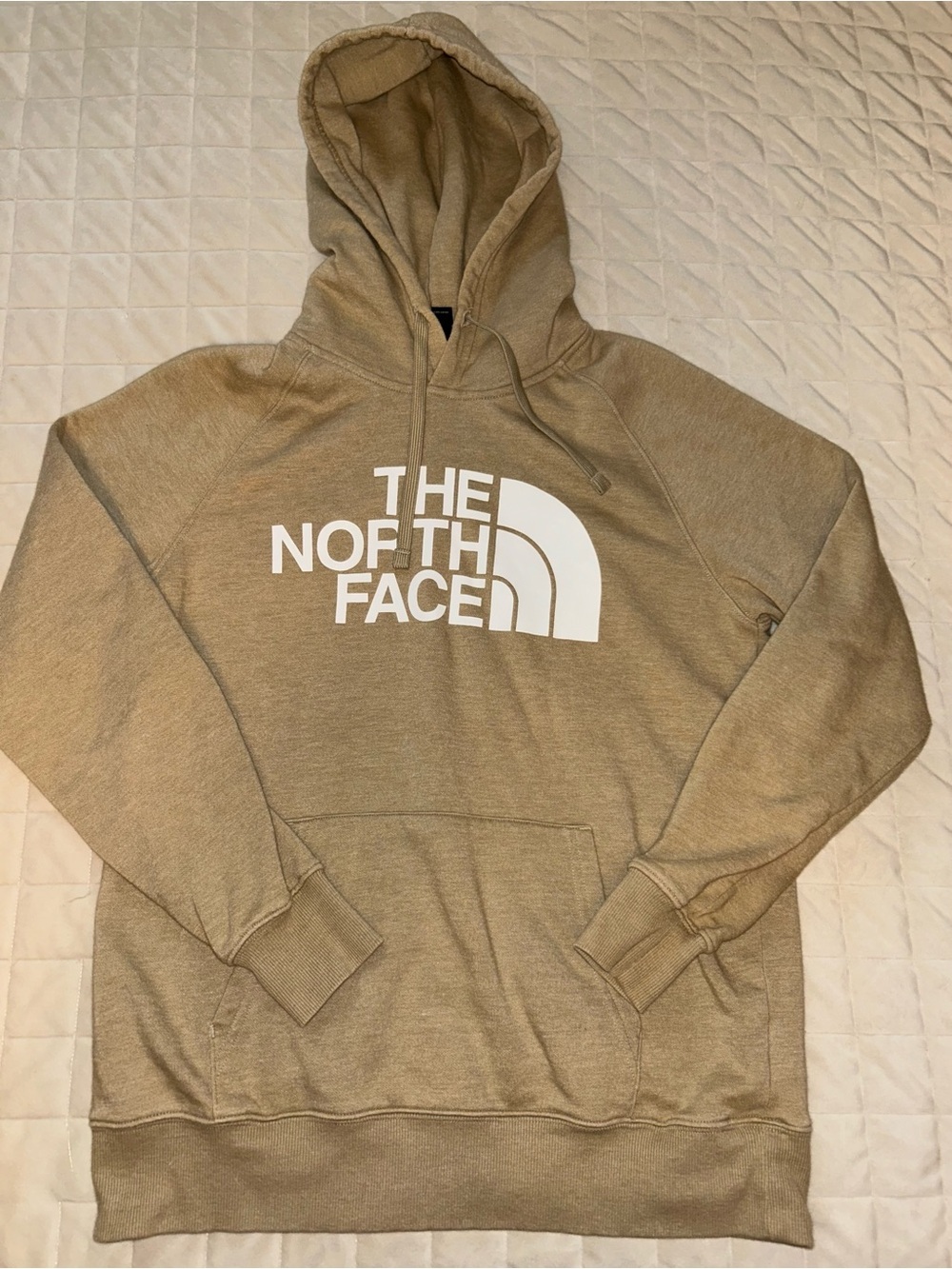 North Face Hoodie Womens small Tan Logo Graphic Print Pullover Fleece
